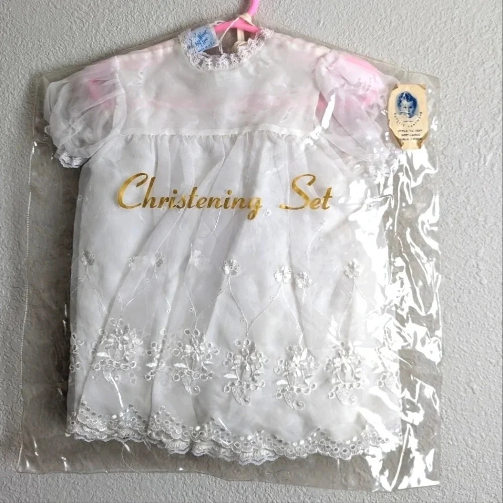 VINTAGE Christening Set- Phyllis Baby Wear 3 Piece set-Bonnet- Baby Dress Large